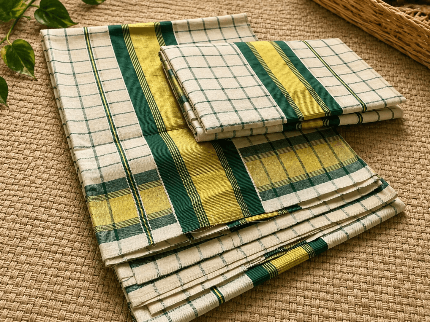 Traditional Cotton Set Mundu with Green Checks and Vibrant Borders (2.80m Each)