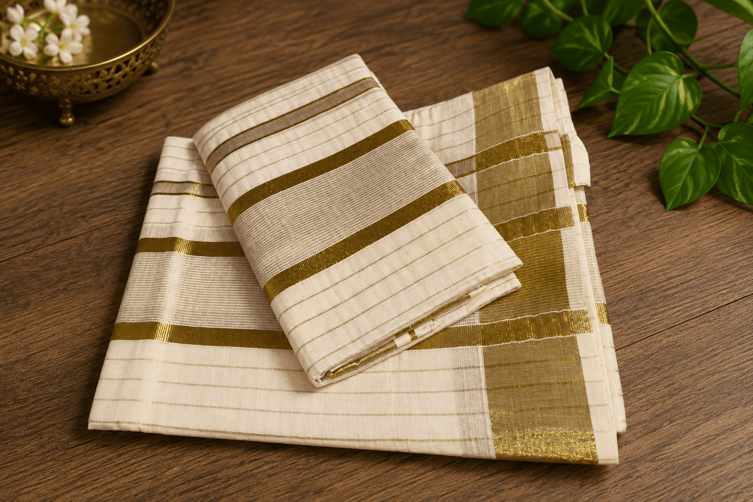 Traditional Cotton Set Mundu with Golden Lines and Zari Border (2.80m Each)