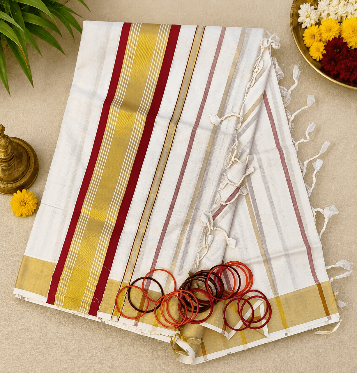 Traditional Cotton Set Saree with Red and Golden Stripes and Blouse Piece