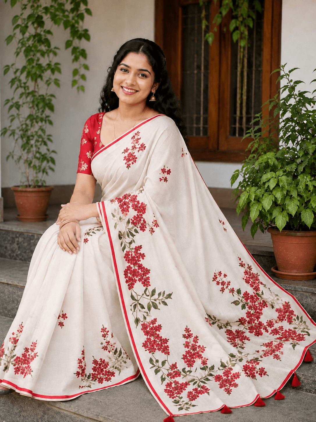 Off-White Cotton Saree with Red Floral Print and Blouse Piece
