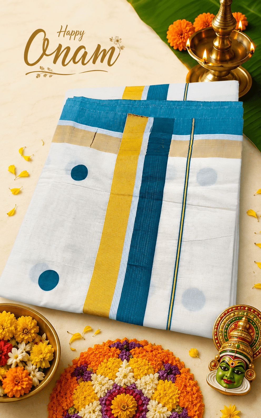 Traditional Cotton Set Saree with Green Polka Dots and Zari Border with Blouse Piece